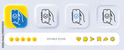 Approved app line icon. Neumorphic, Flat shadow, 3d buttons. Hand hold phone sign. Cellphone with screen notification symbol. Line approved app icon. Social media icons. Vector