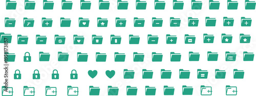 Stylized folder icons with symbols including plus, heart, star, pencil, lock, and document representing digital file management, secure storage, favorites, editable content, and user interface design