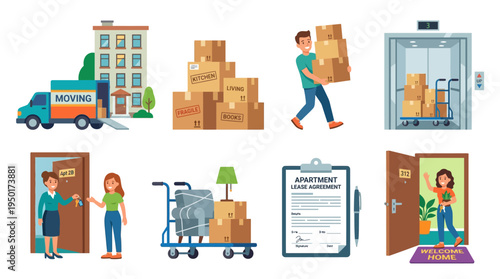 Vector illustrations for apartment moving and relocation process. Set features packing, transport, lease agreement, new home key handover, perfect for services
