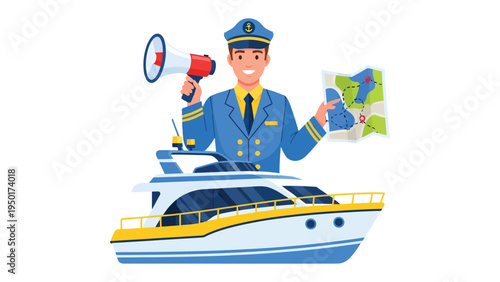 Coastal Cruise Captain: A captain, standing on a cruise ship, with a map in one hand and megaphone in another, guides the journey with expert skill.