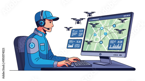Precision Control: A technician monitors and manages a fleet of drones, their eyes glued to the digital interface. The scene unfolds, revealing the dynamic interplay of technology and human expertise.