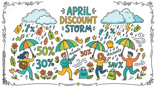 April Discounts Sale with People Outdoors in a Storm