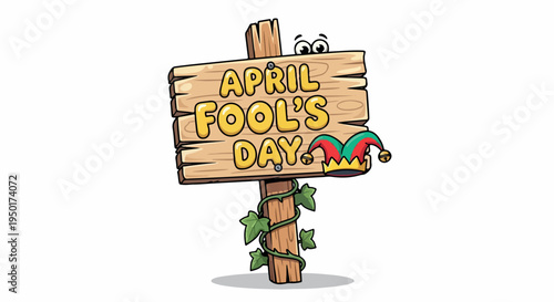 Cartoon wooden sign with 'April Fool's Day' text and jester's hat on a white background with green leaves.