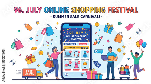 Online Shopping Festival Banner with People And Deals