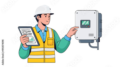 Solar Panel Technician: A skilled technician, equipped with a tablet, conducts a comprehensive inspection of a solar panel system, ensuring optimal performance and efficiency.