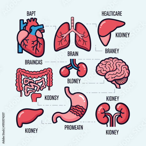 Human Anatomy Organs Set: Heart, Lungs, Brain, Kidneys, Stomach, Intestines - Medical Illustration