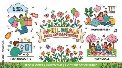 Spring Sales Banner with Happy People and Flowers