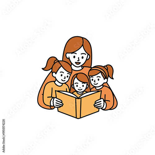 Mother Reading Book with Three Children