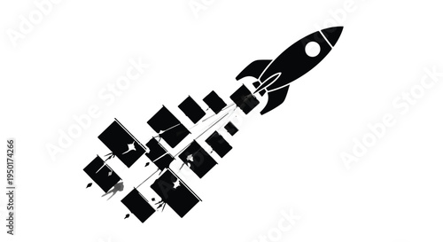 Black and white illustration of a modern rocket ship with solar panels in space, futuristic technology concept