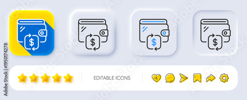 Wallet line icon. Neumorphic, Flat shadow, 3d buttons. Transfer money purse sign. Cash budget symbol. Line wallet icon. Social media icons. Vector