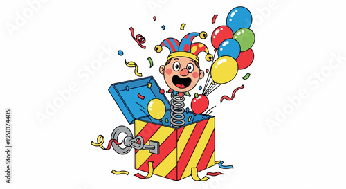 A cheerful cartoon clown emerging from a colorful gift box with balloons and confetti on a plain white background.