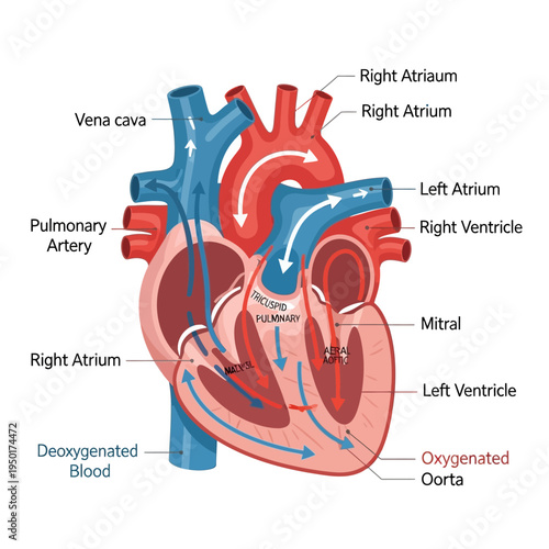 Human Heart Anatomy Diagram: Blood Flow, Chambers, Valves, and Major Vessels