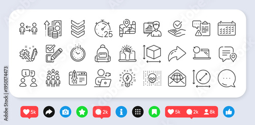 Start business, Circle area and Inflation line icons pack. Social media: share, comment, like icons. Cyber attack, Video conference, Interview web icon. Vector