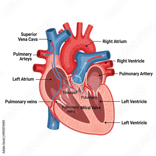 Human Heart Anatomy Diagram: Blood Flow, Chambers, Valves, and Major Vessels