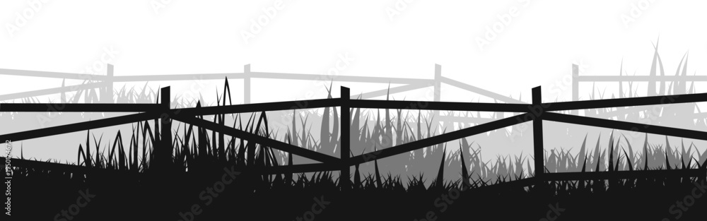 Naklejka premium Meadow silhouettes with grass and old wooden fence. Countryside, panoramic summer lawn rural landscape with herbs, weeds. Herbal border, frame element. Black horizontal banners. Vector illustration