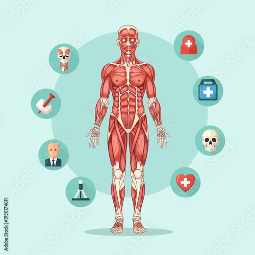 Human Muscular System Anatomy, Medical Icons, Healthcare Concept