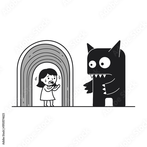 Scared Girl Facing a Monster in a Tunnel