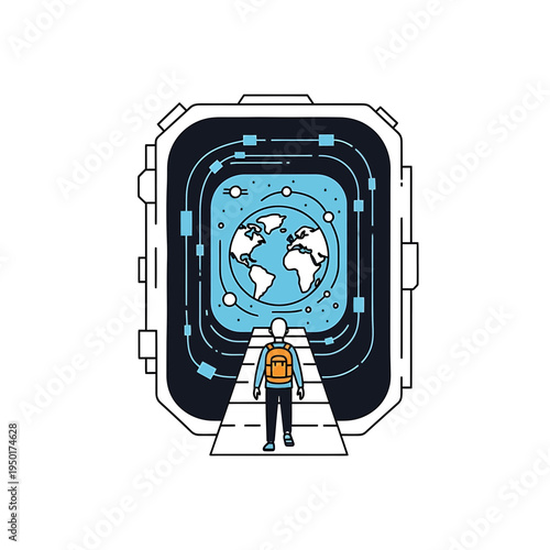 Man Walking into Smartwatch World Globe