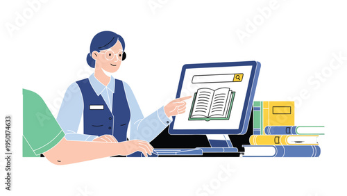 Digital Librarian at Work: A diligent librarian, headset in place, adeptly navigates a computer interface, expertly guiding users through the vast world of digital information.