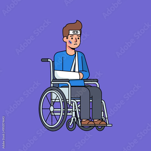 Injured man in wheelchair with arm cast and bandages, purple background