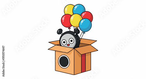 Cartoon penguin peeking out of a cardboard box with colorful balloons tied to it on a plain white background.