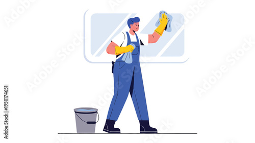 Window Cleaning: A sanitation worker meticulously cleans a window, using professional equipment to ensure streak-free clarity. This image is perfect for illustrating concepts of hygiene and upkeep.