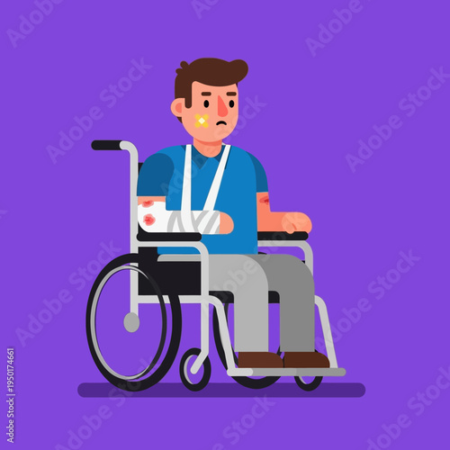 Injured man in wheelchair with arm cast and bandages, sad expression