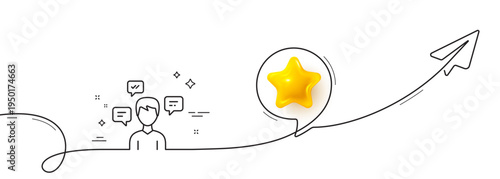Chat Messages line icon. Continuous line with share plane. Conversation sign. Communication speech bubbles symbol. 3d star in speech bubble. Conversation messages single line ribbon. Vector