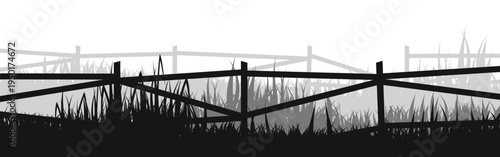 Meadow silhouettes with grass and old wooden fence. Countryside, panoramic summer lawn rural landscape with herbs, weeds. Herbal border, frame element. Black horizontal banners. Vector illustration