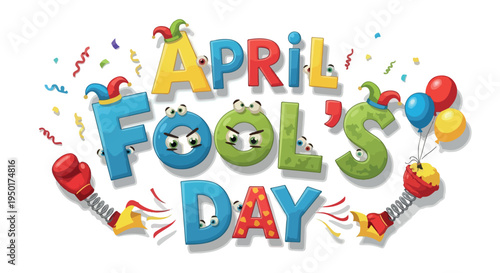 Colorful graphic illustration of April Fool's Day with celebratory elements on a white background.