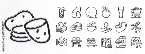 Food market, Food delivery and Apple line icons for web app. Glare of light effect. Message icon. Pack of Home grill, Beer glass, Potato pictogram icons. Vector