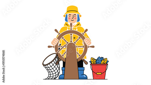 The Guiding Mariner: A sailor steers his vessel with a weathered helm, a net at the ready, and a bounty of the sea nearby, symbolizing the captain's role