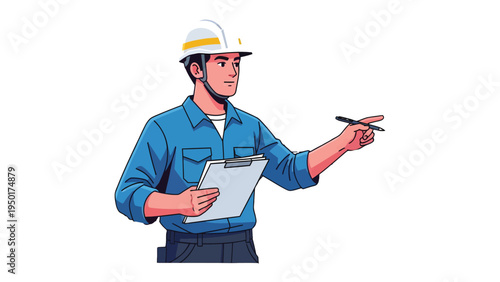 Engineer at Work: A diligent engineer, donned in protective headwear, points with a pen while holding a clipboard, signifying planning and focus on the job.
