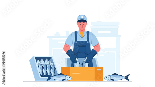 Fresh Catch Processing: A skilled worker meticulously prepares freshly caught fish, presenting the crucial stage of food processing.