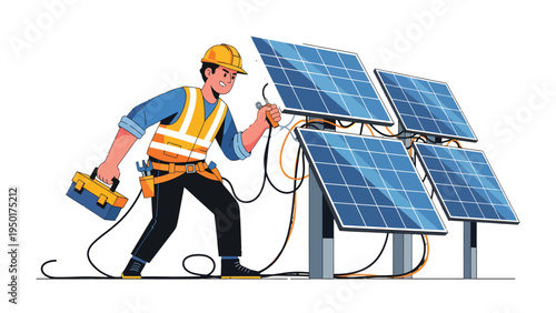 Solar Panel Installation: A dedicated technician in safety gear meticulously installs solar panels, symbolizing the future of clean energy and sustainability.
