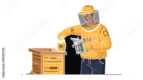 Beekeeper and the Hive: A dedicated beekeeper, clad in protective gear, carefully tends to the beehive, employing a smoker to maintain harmony.