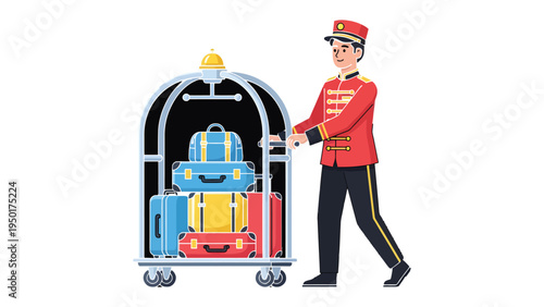 Hotel Bellhop's Cart of Luggage: A hotel bellhop, with his crisp uniform, assists a guest by transporting a colorful array of luggage on a classic hotel luggage cart.