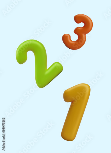 Vertical poster with falling numbers. Mathematical concept in children 3D style. Fun numbers to learn. Arithmetic illustration. Vector template on blue background