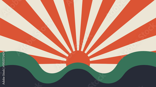 Retro sunrise over mountains landscape with radiating sun rays and wavy hills in vintage red green and cream 70s style.