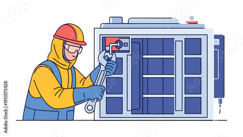 Diligent Engineer: An engineer focused intently on maintaining and repairing industrial machinery, the scene is a portrait of hard work and commitment.