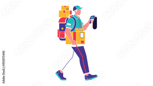 Delivery with a Smile: A vibrant illustration depicts a delivery person carrying a stack of packages while utilizing a handheld device, embodying efficiency and service.