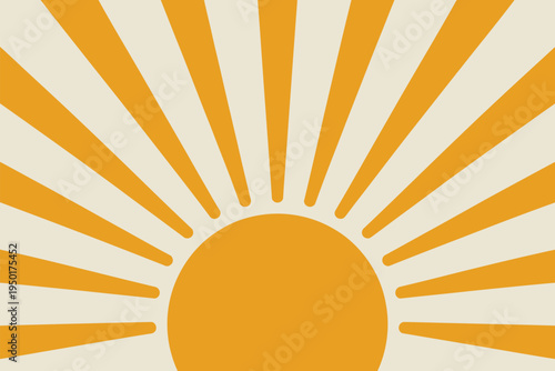 Retro yellow sunrise background with radiating sun rays on cream base in 70s vintage style for summer poster design vector.