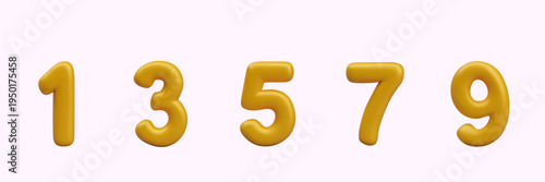 Raw of odd golden numbers in realistic style. Vector math symbols for prime number concepts. Templates for online learning, studying signs of divisibility