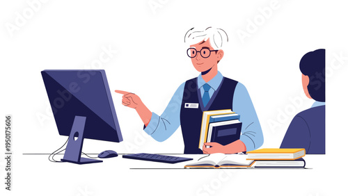 Efficiency in Action: a librarian demonstrates information resource. the scene is filled with knowledge and research.