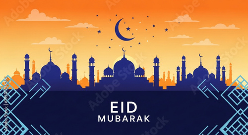Eid mubarak greeting card with mosque silhouette at sunset crescent moon and stars orange sky with clouds