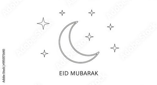 Eid mubarak greeting with crescent moon and stars on white background islamic holiday symbol