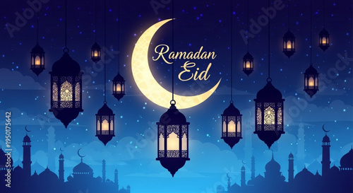 Ramadan eid celebration with crescent moon and lanterns in night sky islamic holiday background