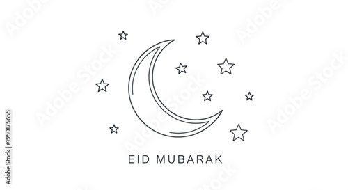 Eid mubarak greeting with crescent moon and stars on white background for muslim holiday celebration
