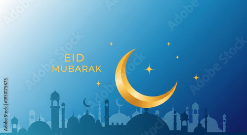 Eid mubarak greeting card with golden crescent moon and stars on blue background with mosque silhouette
