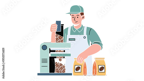 Freshly Roasted: A coffee artisan meticulously packages freshly roasted coffee beans, showcasing the artistry of coffee production and the pursuit of a perfect morning ritual.